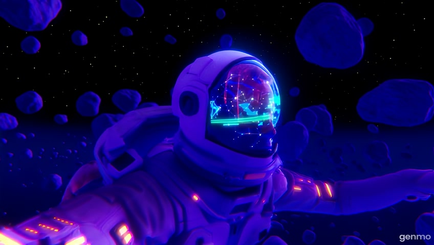 An astronaut drifts through a neon-lit asteroid field as holographic constellations pulse across their visor HUD.