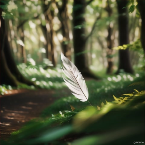 A slow-motion shot of a feather falling gently to the ground in a forest. The camera follows its descent, emphasizing peace.