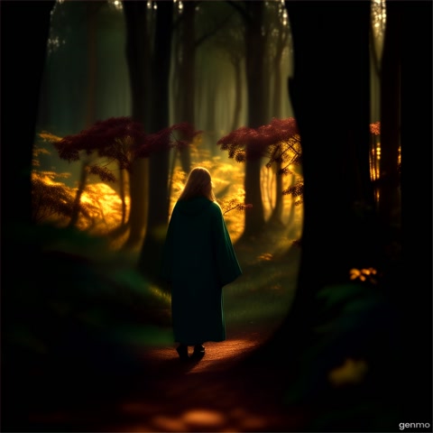 A person walks through a forest where the trees shift subtly with each step—branches bending closer, leaves glowing with unfamiliar color. They pause as a reflection appears mid-air, not of themselves, but of who they are becoming. A breathless moment lingers. Style: cinematic transformation, golden-teal color grade, dreamlike motion blur, symbolic metamorphosis, soft ambient score