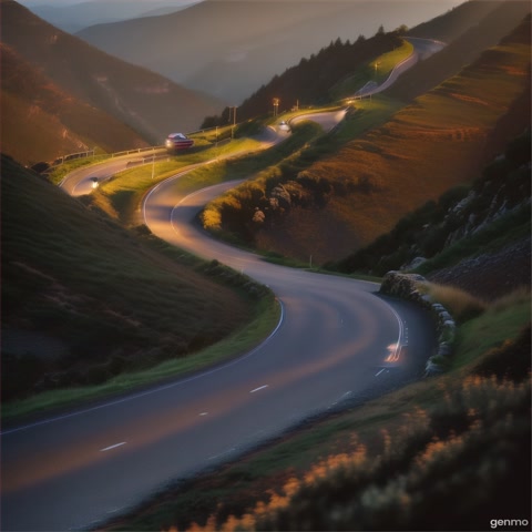 A Dutch angle shot of a winding mountain road at dusk. The camera pans to follow the curve of the road, the skewed angle emphasizing the steep drop-off and rugged terrain.