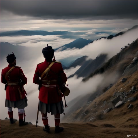 "AI reimagines the Anglo-Nepal War: A cinematic battle scene in the Himalayan foothills, where brave Gorkha warriors in traditional attire with khukuris face off against British East India Company soldiers in red coats. Misty mountains, thundering war drums, ancient forts, and fierce hand-to-hand combat under dramatic stormy skies. The spirit of bravery, sacrifice, and patriotism flows through the battlefield. High-detail, slow-motion cinematic style, epic lighting, and emotional soundtrack."