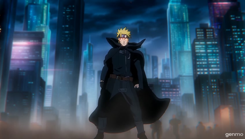 A cinematic scene of Madara Uchiha from Naruto, standing confidently in the center of a modern futuristic city filled with massive skyscrapers and neon lights. He is wearing a dark, modernized shinobi outfit with a long flowing cloak, armored chest plate, and his iconic red Rinnegan and Sharingan eyes glowing intensely. The setting is dusk, with a stormy sky in the background, and the wind blowing his cloak dramatically. Around him, hundreds of terrified civilians and modern-dressed people are backing away in fear, looking up at him with awe and terror. Madara smirks coldly and raises one hand while arrogantly calling the crowd 'fools' with his classic villainous tone. The camera slowly zooms in on his intense face as the crowd trembles. Cinematic lighting, dust and debris in the air, dynamic camera movements, and epic background music emphasizing his overwhelming dominance. Anime-meets-realism art style, highly detailed textures and atmospheric effects