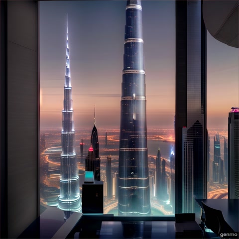 Элегантный Sci-Fi, эстетика "киберпанка-лайт" (как в фильмах "Она" или "Бегущий по лезвию 2049", но без мрачности), минимализм, фокус на контрасте.Мы показываем, как скучная реальность буквально "растворяется", уступая место футуристическому ДубаюИдея вкратце: Мы показываем, как скучная реальность буквально "растворяется", уступая место футуристическому Дубаю. Гиперреалистичная сцена внутри серого, скучного офиса. Камера медленно движется вперед… (Задает движение). Внезапно стены офиса начинают "глитчить" и распадаться на пиксели, растворяясь в захватывающий панорамный вид с балкона небоскреба на футуристический ночной Дубай. Кадр заканчивается стабильным видом на городской пейзаж с неоновыми огнями и Бурдж Халифа.