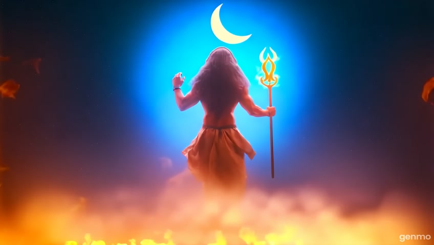 A glowing Lord Shiva walking slowly through cosmic fire and mist, holding a divine trident, with long hair blowing in the wind, crescent moon on head, surrounded by blue aura, cinematic slow motion