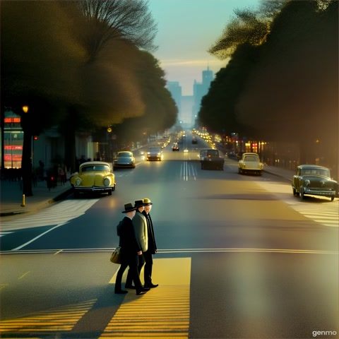 Four stylized silhouettes walk slowly across a city crosswalk in soft golden light. One carries a guitar. A vintage car fades into the distance. The scene echoes musical legacy and personal memory.
Style: cinematic motion, muted tones, ambient glow, poetic nostalgia