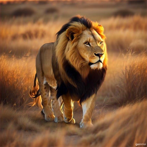 The camera follows a powerful lion as it strides confidently through golden grass, its mane blowing gently in the breeze. The sunset behind casts a warm, glowing light, highlighting the lion's features and creating a sense of quiet strength and beauty in the wild.
