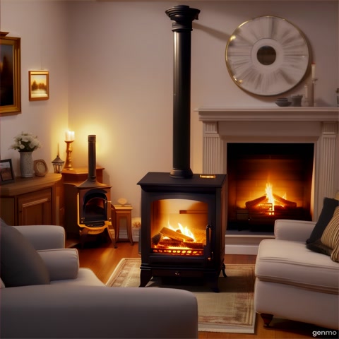 In a cozy living room, the camera slowly zooms in on a crackling fireplace. As it moves closer, the focus racks to a framed family photo on the mantelpiece, the firelight dancing across the image.