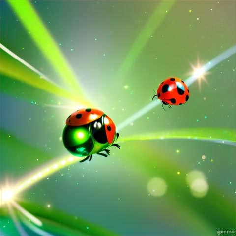 Hace una mariquita estilo pixart animadaque sea de color verde con puntos blancos  que este volando y dejando un polvo mágicos de brillos