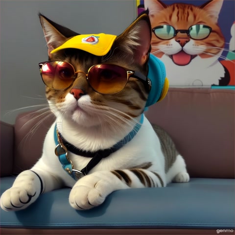 Create a short animated video featuring a cute cat wearing stylish sunglasses and a cap, sitting confidently on a sofa. The cat tries to look cool and confident but accidentally knocks off its cap and falls onto its back, making a funny face. Include a humorous meme-style overlay with the text "Кракадилабамбардиро" in bold, colorful font. The scene should be lively, humorous, and trendy, with bright colors and smooth animation. End with the cat smiling and blinking at the camera