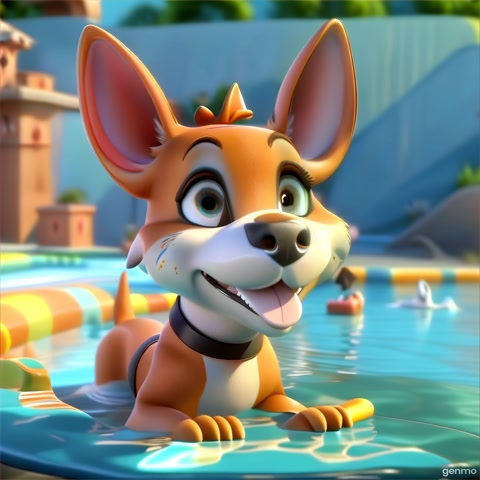 Animate the cartoon dog in the pool by making it swim playfully in a gentle circular motion. As it swims, have its ears and tail wag excitedly, creating a lively and joyful atmosphere. The camera can zoom in slightly on the dog's face to capture its happy expression.