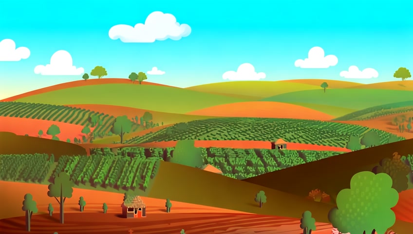 in a cartoon style, Establishment of hills,
plantations and African huts.