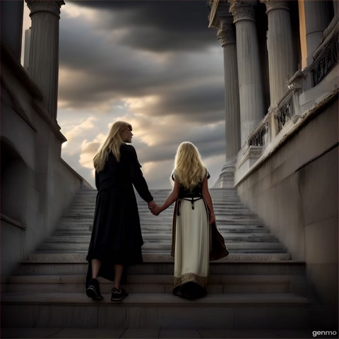 Under a foreboding sky choked with black clouds, a crumbling staircase ascends toward the radiant Gates of Paradise. A wounded man with flowing blond hair hauls himself up the damaged steps, his body trembling with effort. Above him, bathed in celestial light, a serene woman in a flowing gown gazes downward with compassion, her arm outstretched as they desperately reach for each other across the divide between damnation and salvation.
