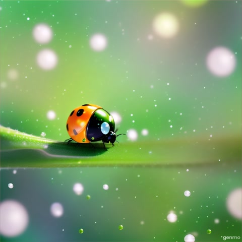 Haceme una sola mariquita de color verde que tenga puntos blancos y que sea en estilo pixart y que cuando vuele deje un rastro de brillos y que al volar vuele mucho
