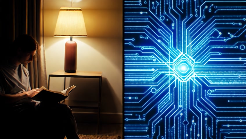 Split screen showing a person reading a book and a digital AI reading millions of books instantly with data streams and glowing visuals