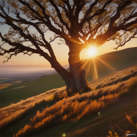 The camera arcs around a lone tree atop a hill at sunset. It moves slowly, capturing the play of golden light and long shadows across the landscape, creating a sense of serenity and natural beauty.