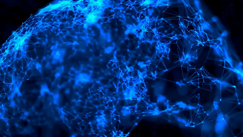 Glowing neural network lighting up like a brain in dark space, slow motion effect, cinematic lighting