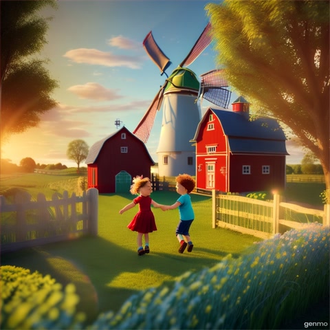 3D animated cartoon style, colorful farm landscape with bright blue sky, green fields, red barn, white fence, windmill spinning, happy children dancing, soft lighting, CoComelon-style look, cinematic 16:9 view
