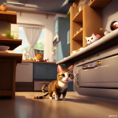 A cute cartoon cat sneaking toward a mouse hole in a cozy kitchen, Pixar animation style, soft lighting, 3D environment, loop