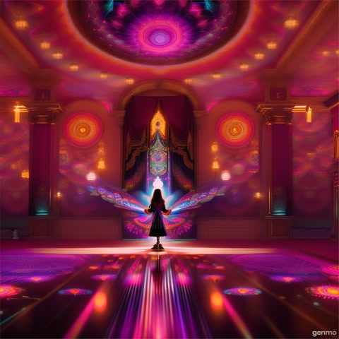 “Create a 30-second cinematic journey in 16:9 format that blends classical and psychedelic electronic music. Begin with a smooth camera flyover of Johann Sebastian Bach writing music in a candle-lit baroque room. As the camera passes through his window, the scene seamlessly transitions into a vibrant, psychedelic world of flower patterns, glowing mandalas, and surreal visuals. Continue the flight to reveal Cedric Dassule (Talamasca), a modern psychedelic trance artist with long hair, performing on futuristic DJ equipment amid swirling fractals and neon energy pulses
