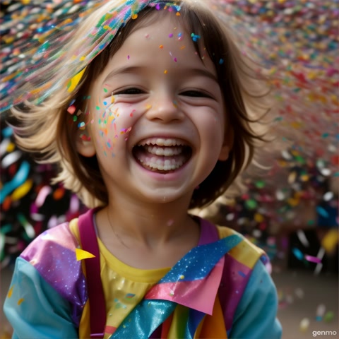 A close-up shot of a child bursting into joyous laughter as colorful confetti rains down. The camera captures the pure delight and sparkle in their eyes, creating a heartwarming and shareable moment.