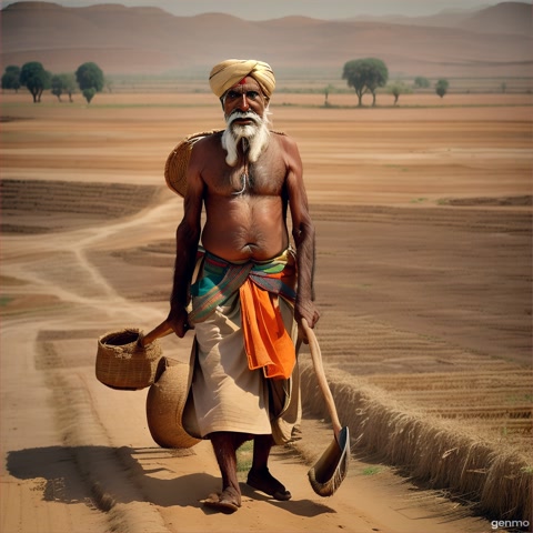 An old Indian farmer plowing a dry field with a wooden plow, wearing traditional dhoti and turban, hot sun above, rural Indian village in background – cinematic, 3D animation, hyper-realistic, Pixar-style