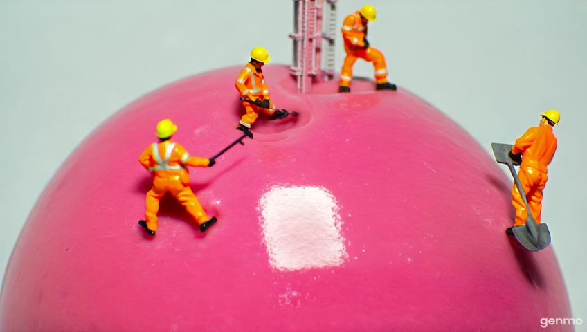 A high-resolution studio photo of miniature construction workers in bright orange safety uniforms and yellow helmets working on a giant, clean, pink bubble gum. The gum is glossy but not messy, with a smooth, playful texture — not chewed or dirty. One worker is drilling into the surface, another is using a shovel, and others are climbing scaffolding around the gum. The scene is well-lit with professional lighting, shot on a neutral white or light gray background. Macro photography style, with sharp details and a whimsical tone