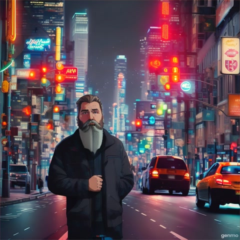 A digital illustration of a crowded urban street with tall buildings, people rushing in different directions, neon lights flashing, vehicles honking, and a tired bearded man in simple clothes standing still amidst chaos. His face shows stress, eyes wide open, looking lost. The atmosphere is noisy, grayish-blue, with motion blur to show restlessness. Emotion: external noise, overwhelm.