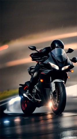 Vertical video shooting camera is located very low, close to ground, angle is wide:
Night road rain very cool motorbike is riding very fast on a winding road making its way on different tracks of the road, on the background the raven is flying in the sky following the rider, in the lightning he is seen