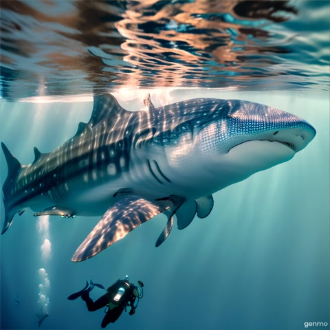 An underwater shot of a diver swimming alongside a giant whale shark in crystal-clear waters. The camera captures the scale and serenity of the encounter, highlighting the beauty of marine life.