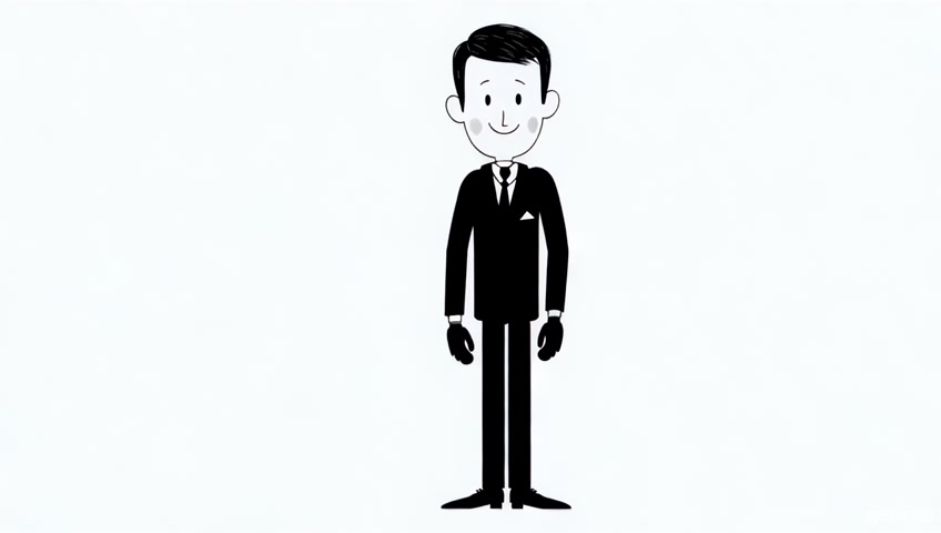 Vintage cartoon character wearing gloves and a classic suit, politely tipping his hat and bowing slightly with a smile. Old 1930s animation style, black and white, smooth loop, white background, friendly gesture