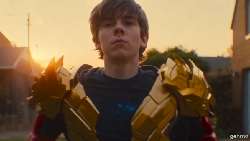 The video opens with a boy standing casually in the backyard of a building — it’s evening, with warm golden light casting shadows, birds chirping faintly. He stands still, looking around calmly, unaware of what’s coming.
Suddenly, there's a loud blast in the distance — a deep explosion shakes the frame slightly, birds fly off, and the boy instinctively turns his head sharply in that direction.
Just as the shock settles, a blue arc reactor glow begins to pulse faintly from his chest. His expression changes — focused now. Within seconds, nano-particles start emerging from the arc reactor, swirling up from the chest and spreading outward like a digital storm.
Armor panels begin to assemble — fast and precise. Red and gold metallic plates form over his arms, legs, chest, and back. Sparks and light effects burst around him as if the transformation is reacting to the blast's energy.
His casual clothes vanish under a smooth layer of advanced tech — repulsors light up in both palms, and subtle glowing lines run across the suit like veins of energy.
Finally, with a sharp mechanical snap, the Iron Man helmet forms over his head, covering his face while preserving the structure. His eyes glow blue through the visor.
The camera slowly pulls back to reveal him fully suited — now standing as Iron Man in the same backyard where the transformation began, with light smoke from the blast behind and a futuristic HUD briefly flickering across the screen. The scene ends with a subtle hum from the arc reactor.