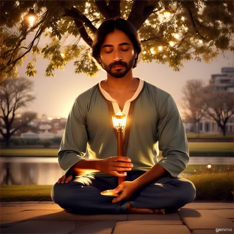 A digital scene where the man sits cross-legged on a floor (or beneath a tree) in a meditative posture, eyes closed gently, a soft golden glow starting to form around him. Behind him, city blur fades away. Small symbols like a sufi flute, calm birds in sky, a dim lamp flickers. Expression is calm. Emotion: first moment of inner peace.