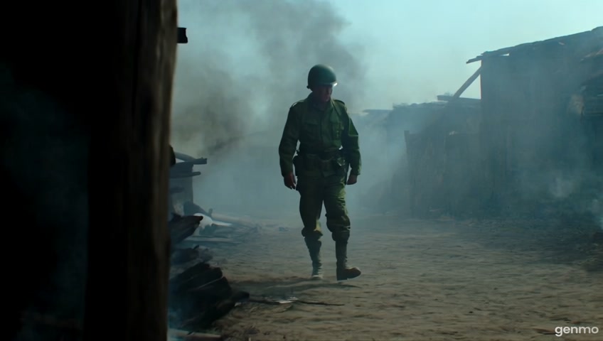 A tired soldier walking through a destroyed village, ash in the air, smoke rising, cinematic lighting
