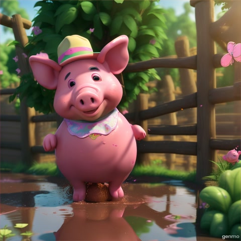 A cute pink cartoon pig rolling in muddy puddles near a wooden fence, wearing a farmer hat, butterflies fluttering nearby, vibrant jungle-farm blend in Pixar 3D animation style, joyful expression, bright lighting, cinematic mood, 1080p