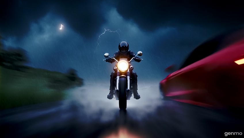 Vertical video shooting camera is located very low, close to ground, angle is wide, camera follows the rider, Night road rain very cool Harley Davidson motorbike is riding very fast on a speed road making its way on different tracks of the road, the wheels are spinning and smoking, on the background the big dark raven is flying in the sky following the rider, in the lightning he is seen, The motorcycle rushes past sports cars