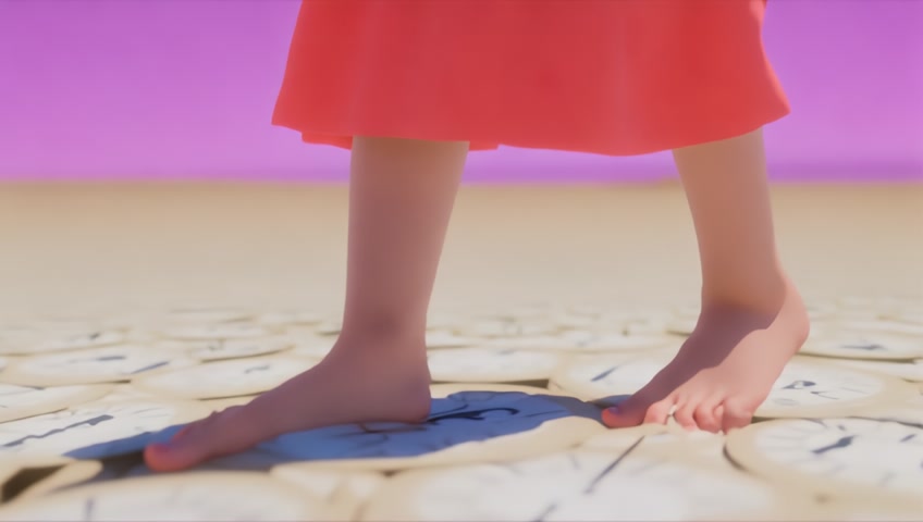 A barefoot child walks along a beach made of clock faces. With every step, the seasons change around him — spring flowers, summer heat, autumn leaves, winter snow — and then back again