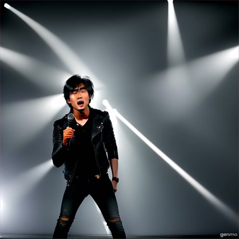 A Thai male with shoulder-length messy hair, wearing the same black leather jacket, dark grey t-shirt, and ripped black jeans with leather boots, screaming in pain into a microphone under a dramatic spotlight on an empty stage, veins visible on his neck, fog and light beams around, intense emotional breakdown, realistic style, character reference