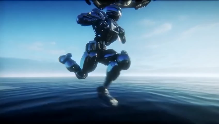 Hyper speedshot of a robot running across the ocean maps of robot transformer style by alien ship cinematic shot of the whole scene 4K resolution