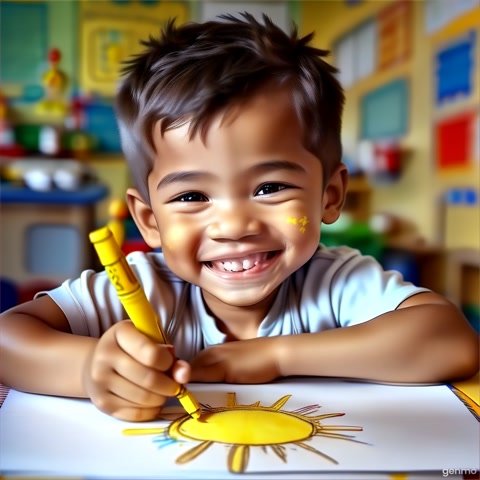 "A happy little boy drawing a yellow sun with a crayon on paper, smiling brightly, close-up of the paper with a childlike sun drawing, colorful classroom background, soft glow"