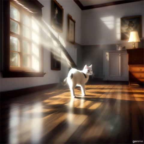 "A realistic white house cat walking slowly across an old wooden floor in a dimly lit vintage room. Dust particles in the air, soft light coming from a small window, cinematic lighting, 3D ultra-realistic style, fantasy atmosphere, camera low-angle behind the cat, shadow stretching forward."