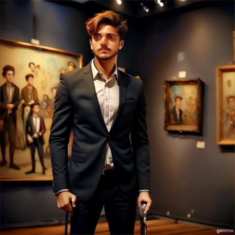 "A young man wearing a suit, standing on a stage in an art gallery, holding a paintbrush, looking thoughtful, with paintings behind him, spotlight on him"