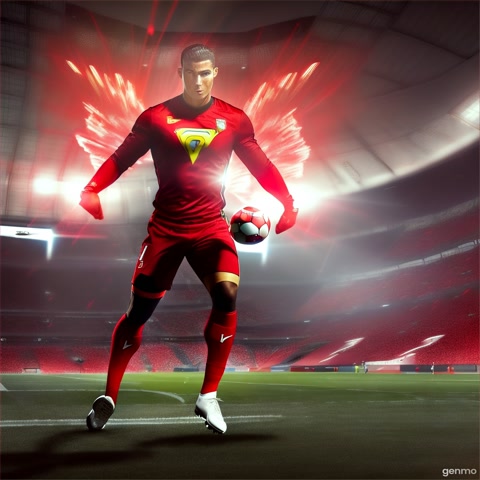 The camera tilts up — a high-speed drone roars overhead.
💥 Suddenly, Ronaldo jumps off the drone mid-air, does a superhero-style landing on the pitch.
His red tech armor flashes, number 7 glowing.