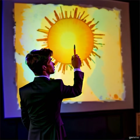 The man holds up a yellow crayon during his speech. A photo of the old drawing — a sun — is displayed behind him.