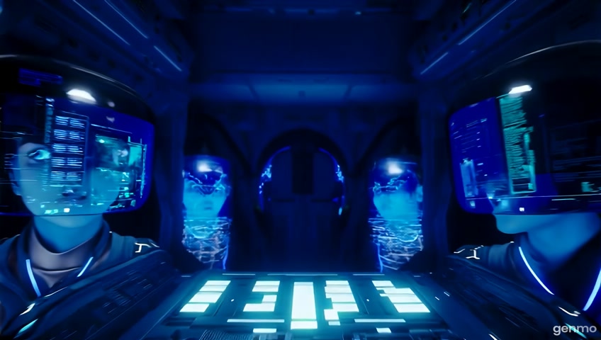 A sentient nebula projects holographic memories onto a crew’s visors while their sleeper pods open in slow motion.