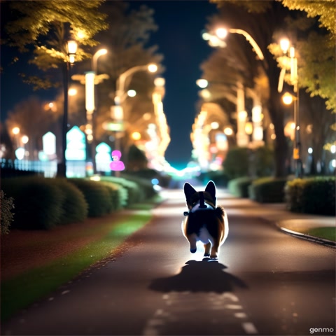 a corgi runs through a night park with its owner
