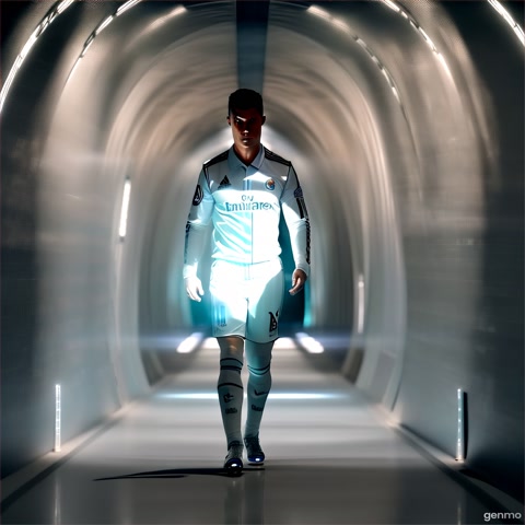 Drone turns to the opposite tunnel.
From the shadows steps Cristiano Ronaldo, wearing a futuristic Real Madrid kit — all-white armor with glowing silver lines and a holographic crest on his chest.