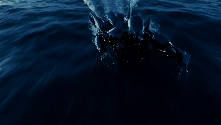 Over shoulder crane shot of a cinematic robot dark cinematic alien robot running across the ocean and hyper speed focused on speed of running
