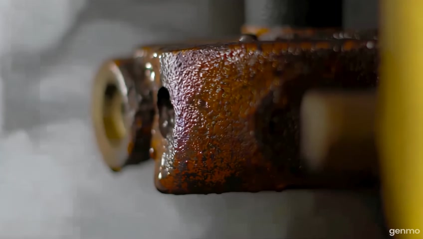An extreme close-up of a rusty metal surface of a valve or pipe in an industrial environment. Details of the rust, oil droplets, or condensed steam should be clearly visible