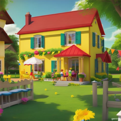 make cartoon. Лето, дача, на поляне перед желтым домом с треугольной крышей веселится большая компания.