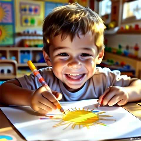 "A happy little boy drawing a yellow sun with a crayon on paper, smiling brightly, close-up of the paper with a childlike sun drawing, colorful classroom background, soft glow"
